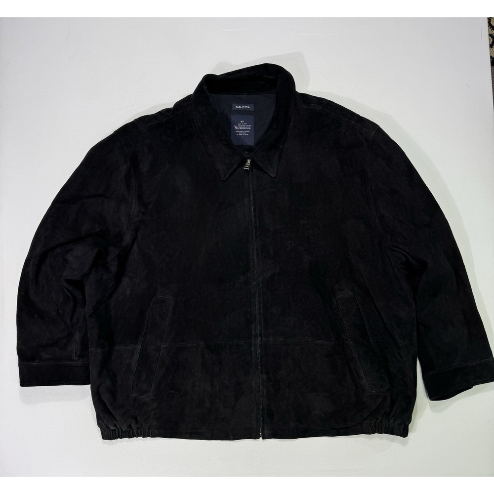 Nautica Mens 5XL Black Suede Leather Bomber Jacket Full Zip Collared Big & Tall
